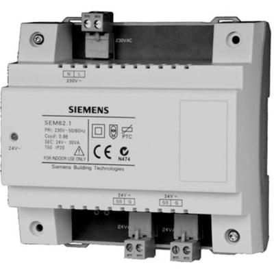 Siemens SEM62.1 transformer, 30VA, med 230VAC primær og 24VAC sekundær, egnet til DIN-skinne montering.