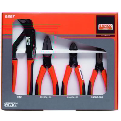 Bahco tangsæt 9897 med fire tænger: vandpumpetang, sidebidetang, kombinationstang og spidstang, præsenteret i original emballage.