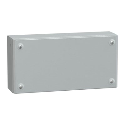 Schneider Electric klemkasse i metal, 200x300x80 mm, RAL 7035, vist fra siden med fire sølvskruer.