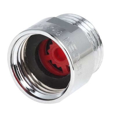 Broen Flowfix vandbegrænser i krom, viser den røde flowbegrænser indeni og 1/2" tilslutninger.