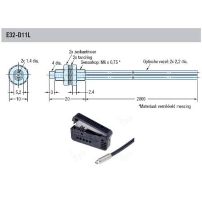 Omron E32-D11L fiberoptisk sensorhoved med tekniske tegninger og dimensioner samt et billede af en sort holder med en sensor.