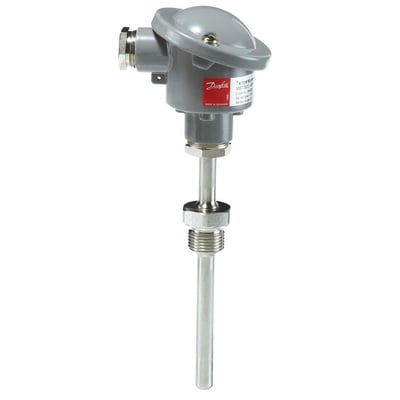 Danfoss MBT 3252 temperatur transmitter i fuld længde, viser G1/2A gevind, 250mm probe og gråt senderhus.
