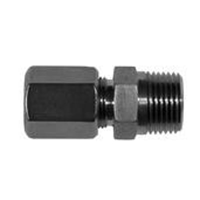 Syrefast union med nippel, 8 mm x 1/4" og udvendigt gevind i rustfrit stål med PN 200 tryk.