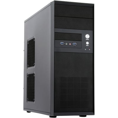 Sort Chieftec Mesh Series-miditowerkabinet set forfra og fra siden med mesh-front og USB-porte.