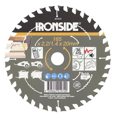 Ironside rundsavklinge på 165 mm med 36 tænder til træ med søm, vist forfra med specifikationer trykt på klingen.