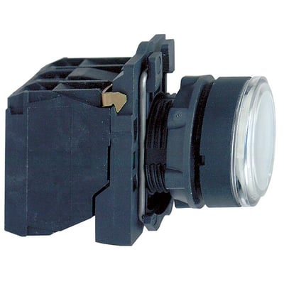 Sidevisning af Schneider Electric lampetryk, model XB5AW31B5, der viser monteringsmekanismen og bagsiden.