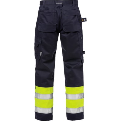 Kansas Flame bukser 125941, High-Vis kl.1 i gul/marine, str. C58, viser buksernes bagside med flere lommer og reflekser.