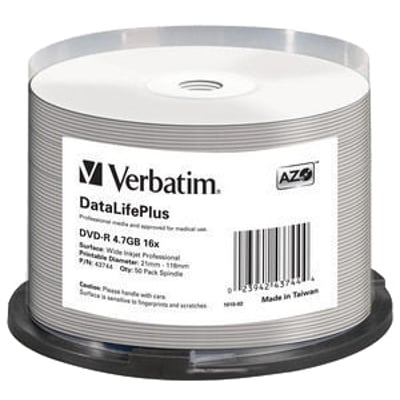 Verbatim DVD-R Azo med hvide, bredt printbare skiver på spindel; emballagen angiver 4,7 GB og 16x hastighed.