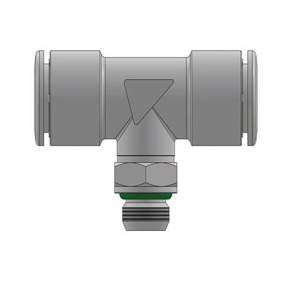T-stykke med gevind i midten, Ø8 mm push-in fitting i rustfrit stål AISI316L med G1/4 BSPP gevind.