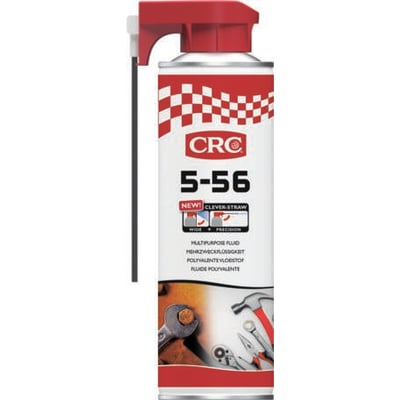 CRC universalolie 5-56 aerosol på 250 ml med Clever Straw, vist med værktøj og symboler for bred og præcis påføring.
