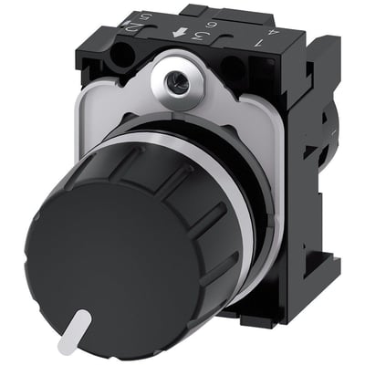 Siemens kompakt potentiometer i sort plastik med 22 mm diameter og 10K ohm modstand, med tydelige markeringer for justering.
