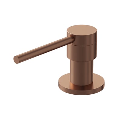 Lavabo Kubus sæbedispenser i kobberfarvet PVD/rustfrit stål med cylindrisk pumpe og lang trykarm.