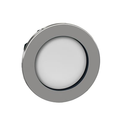 Schneider Electric ZB4F trykknaphoved i hvid med forsænket betjeningsflade og poleret metalramme, isoleret på hvid baggrund.