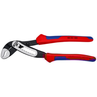 Knipex Alligator vandpumpetang 8802 180 med rød/blå flerkomponent-greb og sort atramenteret overflade, 180 mm lang.