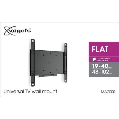 Vogel's MA2000 fladt universal TV vægbeslag til skærme 19-40 tommer og 48-102 cm, vist på hvid baggrund.