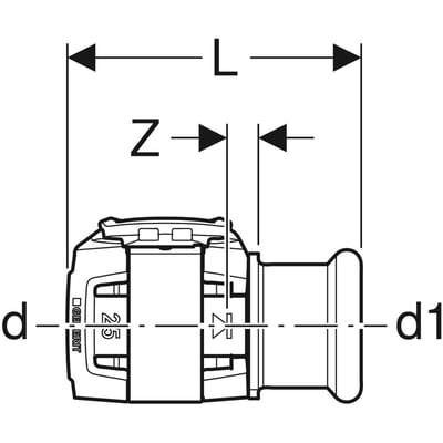 Teknisk tegning af Geberit FlowFit overgangsstykke med dimensioner L, Z, d og d1, viser pressemuffe og tilslutning.
