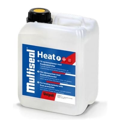 Nærbillede af Unipak Multiseal Heat F 5 liters dunken med detaljeret etiket om frostbeskyttelse.