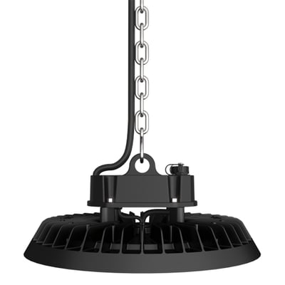 Ansell Z LED High Bay DALI med 150W, vist ophængt med kæde og sort kabel, på hvid baggrund.