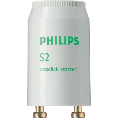 Philips Ecoclick S2 glimtænder til 4-22W lysstofrør med magnetisk spole, hvid med grøn skrift.