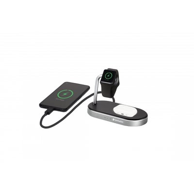 Verbatim WCS-02 Alu 3-i-1 trådløs oplader i sort og sølv, med en telefon, Apple Watch og et par trådløse earbuds til opladning.