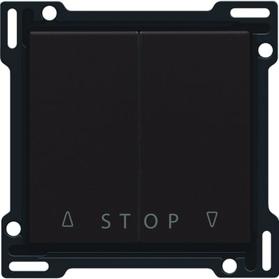 Niko tangent til jalousiafbryder i brun, med tydelige symboler for op, stop og ned på en hvid baggrund.