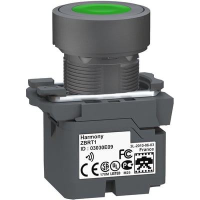 Bagside af Schneider Electric Harmony ZBRT1 trådløs trykknap med mærkning og godkendelsessymboler.