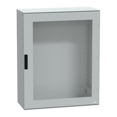 Schneider Electric vægskab 7035 poly i neutral grå, 1000x800x350mm, med integreret håndtag på fronten.