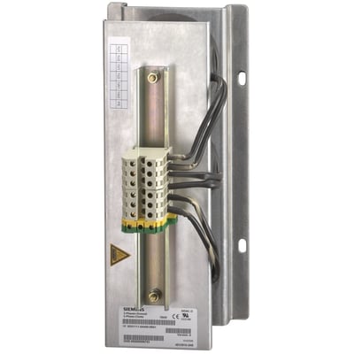 Siemens MICROMASTER 4 netdrossel til 400V 3AC, 278A, FSFX, monteret på metalplade med skrueterminaler og kabler.