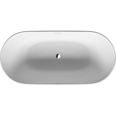 Oversigtsbillede fra oven af Duravit Luv badekar i hvid med synligt afløb i midten.