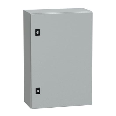 Lukket Schneider Electric CRN metal vægskab i RAL7035, 600x400x200mm, vist med frontlågen lukket og sorte låse.