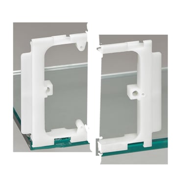 Legrand Stander-uni Mosaic support ramme, justerbar og i hvid plast, vist monteret på en klar glasplade for detaljeret visning.