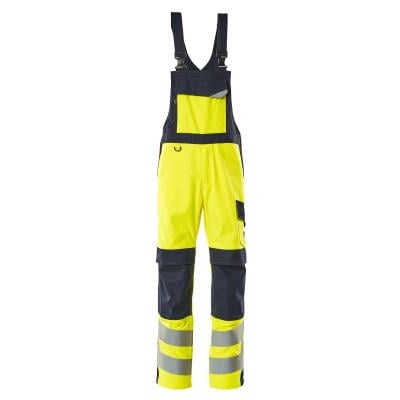 Mascot HI-VIS overall i gul og mørk marinefarve med reflekser, der tilbyder flammehæmmende og syrebeskyttende egenskaber.