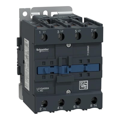 Schneider Electric 4-polet kontaktor 40A med 110VAC spænding og tydelig mærkning af L1, L2, L3, L4 og T1, T2, T3, T4.