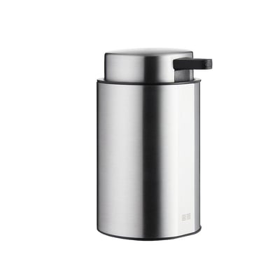 Unidrain Reframe sæbedispenser i børstet stål, bordmodel med 200 ml kapacitet og sort pumpe.