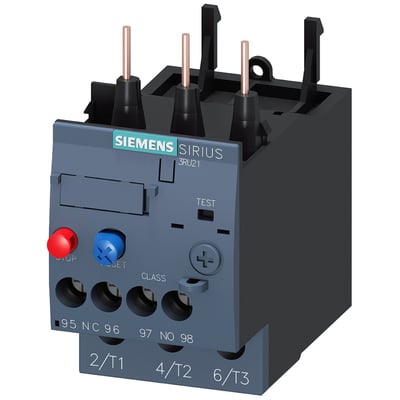 Siemens 3RU21 termorelæ til motorbeskyttelse, 17-22A, vist fra siden med knapper og tilslutningsklemmer.
