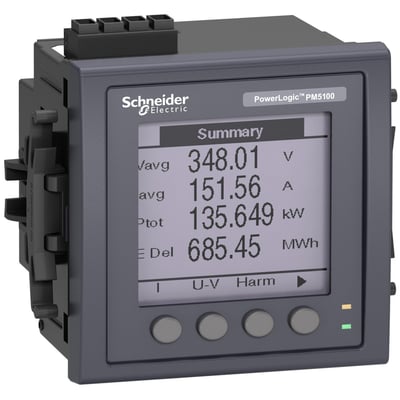 Schneider Electric PowerLogic PM5100 powermeter med tydelig grafisk display, der viser målinger som V, A, kW og MWh.