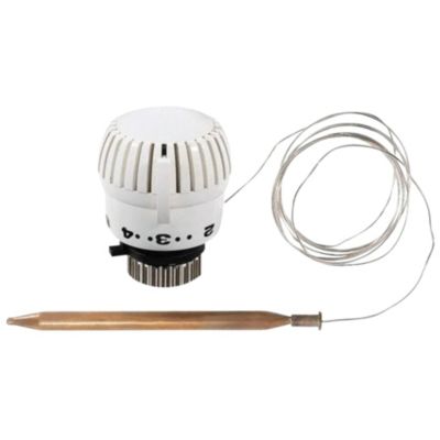 Pettinaroli Dynasty termostat med M30 x 1,5 tilslutning og væskefyldt følerelement, viser indstillingsskala og kobberrør.