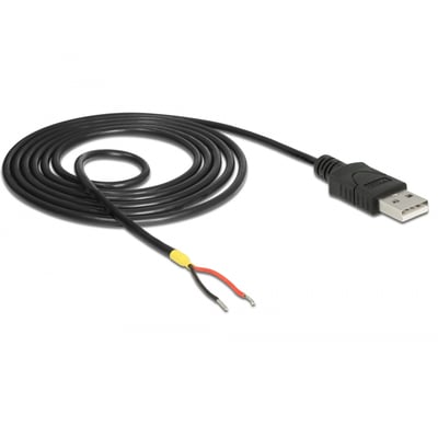 DeLock USB 2.0-kabel på 1,5 meter i sort med Type-A-hanstik og to åbne ledere, vist oprullet.