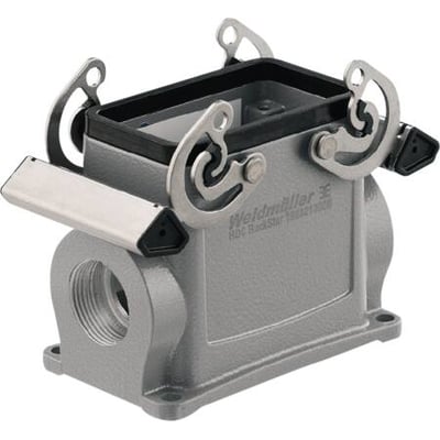 Weidmüller sokkelhus størrelse 4 til HDC industristik med 2xM32, viser to låsebøjler og monteringsflange.