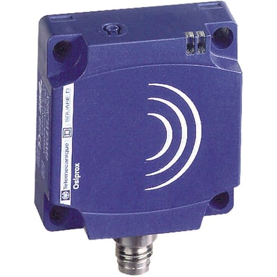 Schneider Electric induktiv sensor XS8, 40x40x15mm, PNP NO, med M8 stik og hvidt symbol for induktion.