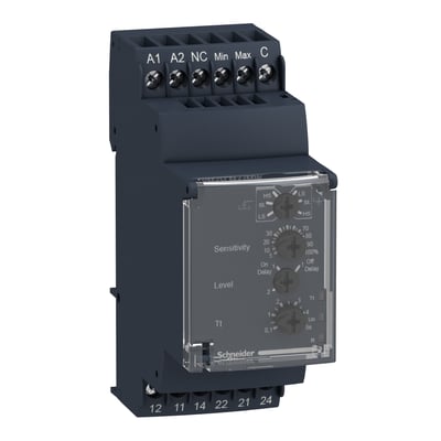 Schneider Electric niveaukontrolrelæ RM35LM33MW til DIN-skinne med 2 CO kontakter og justerbar følsomhed på hvid baggrund.