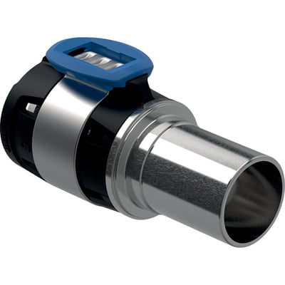 Geberit FlowFit overgang til Mapress, 40x35mm, fremstillet af blank CrNiMo-stål med blå detaljer.