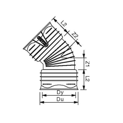 Teknisk tegning af Wavin X-Stream DN150 45° PP-bøjning med dimensioner og SN8 stivhedsklasse angivet.