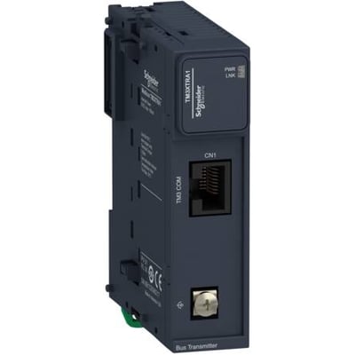 Schneider Electric TM3-Busmodul, Sender (TM3XTRA1), en mørkeblå enhed med mærker, knapper og en RJ45-port.