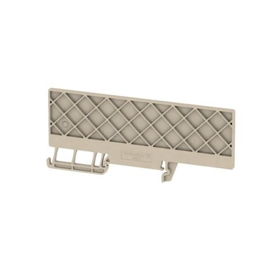 Detaljeret billede af Weidmüller skilleplade APP 3, viser dens rillede overflade og monteringsclips i beige Wemid.