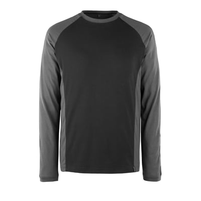 Mascot Bielefeld langærmet t-shirt i sort og mørk antracit, 4XL, med kontrastfarvede raglanærmer og rib i hals og ærmer.