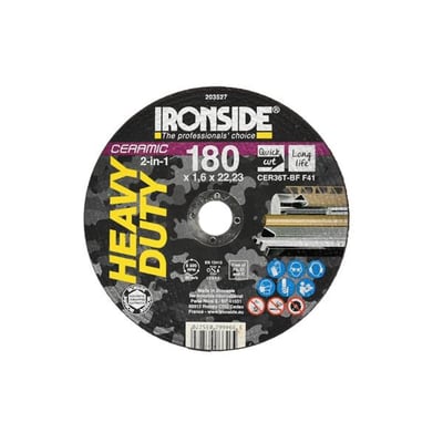 Ironside Ceramic 2-in-1 plan skæreskive på 180 x 1,6 mm med sort, trykt forside.
