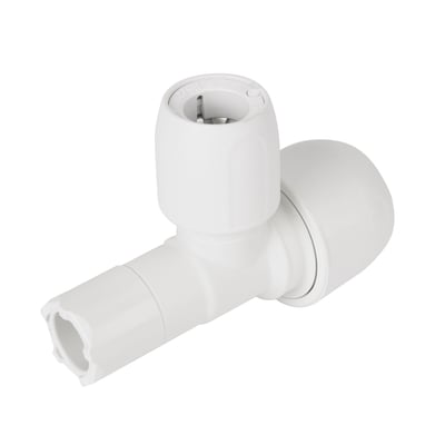 Hvidt Wavin T-stykke til rørinstallationer med tre tilslutninger i størrelserne 22 x 15 x 22 mm.
