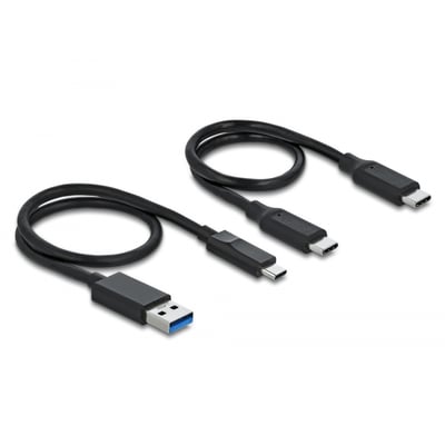 To sorte USB-kabler med USB-A til USB-C og USB-C til USB-C stik.