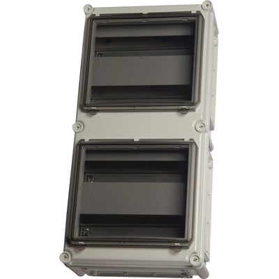 Fibox EK THL24-2 modul skinnekasse i lysegrå polycarbonat, vist forfra med to rækker af moduler og klare låg.